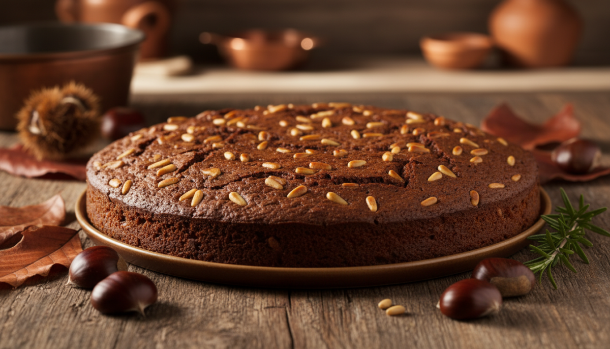 scopri il castagnaccio toscano con pinoli, un dolce tradizionale che racchiude i sapori autentici della stagione autunnale, perfetto per assaporare la tradizione culinaria toscana.