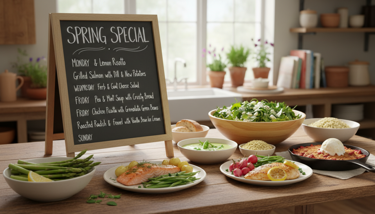 scopri il tuo menù settimanale "speciale primavera": ricette fresche e leggere per variare i piaceri a tavola con ingredienti semplici e pochi sprechi.
