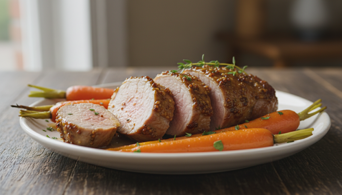 scopri il filetto di maiale al miele e senape, morbido e caramellato, accompagnato da carote croccanti, pronto in appena 25 minuti per un gusto irresistibile.