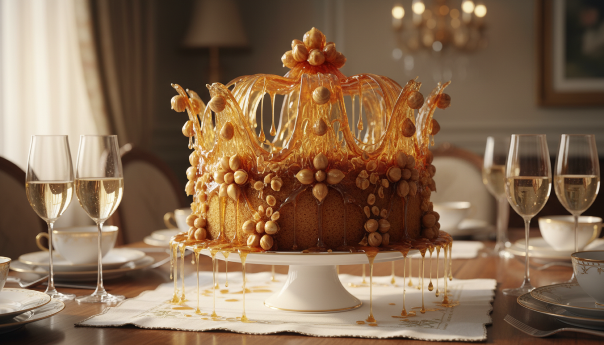 scopri la ricetta di una torta reale alle nocciole con una corona di caramello che ha conquistato tutti gli ospiti. un dolce elegante e sorprendente da provare assolutamente!