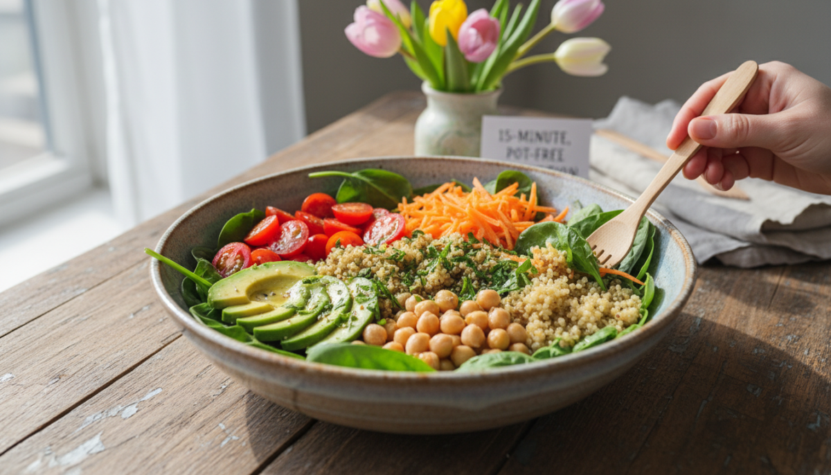 scopri questa deliziosa bowl primaverile pronta in soli 15 minuti, senza bisogno di usare una pentola. un piatto fresco e veloce che ha conquistato tutta la famiglia.