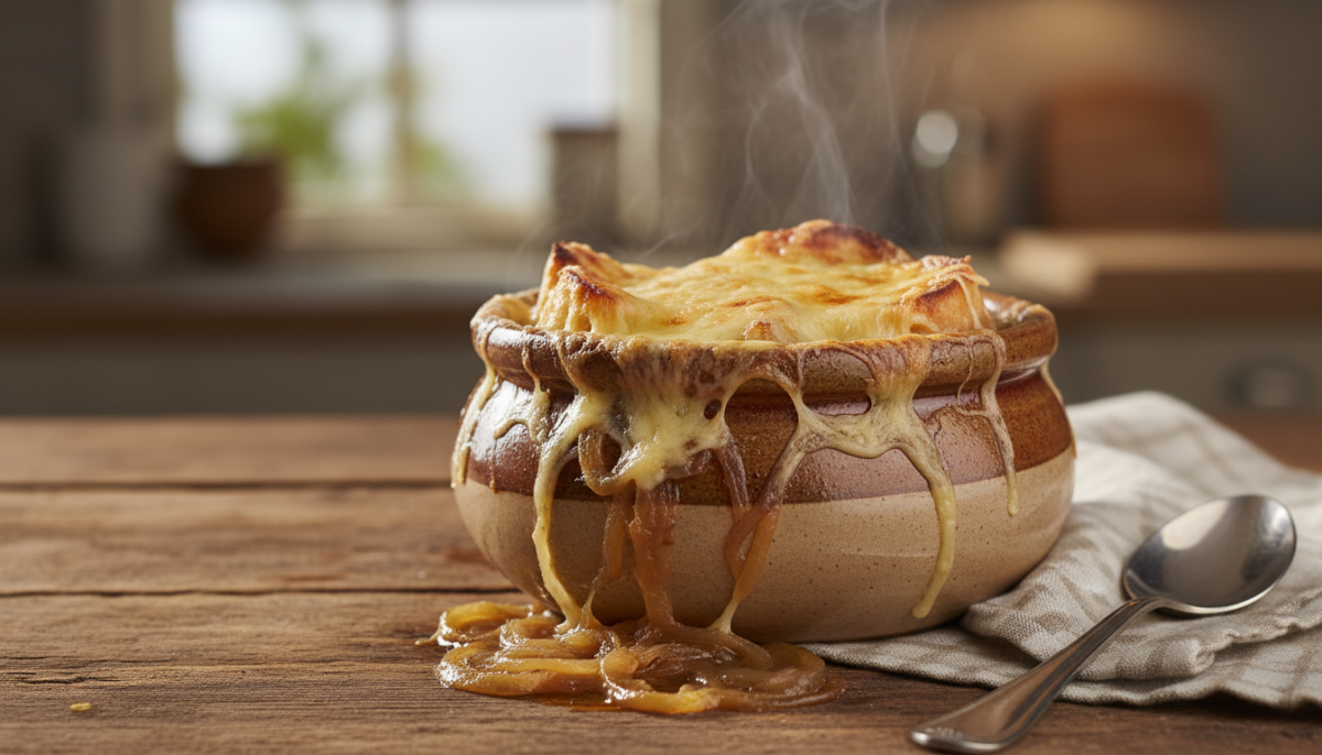 scopri la zuppa di cipolle gratinata al forno, un comfort food economico e delizioso che conquista tutti. non ne avanzerà neanche una goccia!