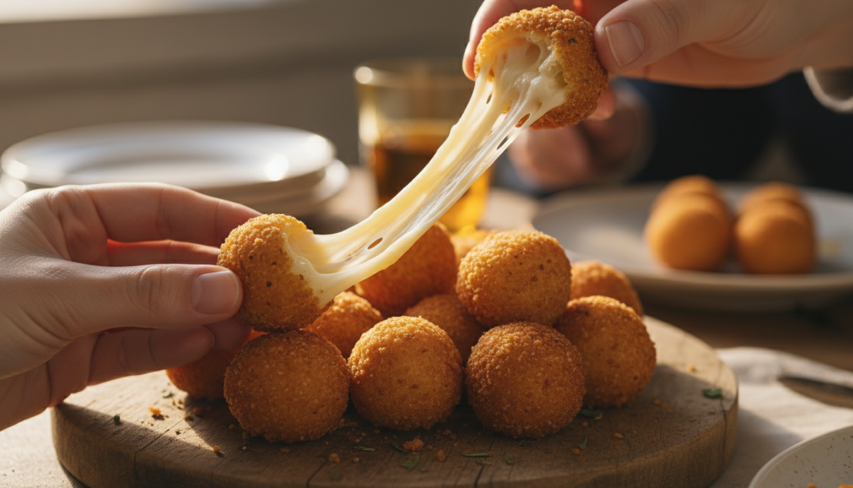 scopri le mini sfere aperitivo ripiene di formaggio filante, perfette da staccare con le mani e condividere. quando uno tira, tutti vogliono il bis!