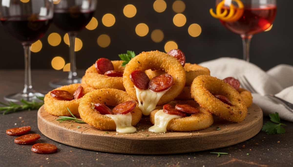 scopri la ricetta irresistibile degli anelli di cipolla con chorizo e comté, perfetti per conquistare i tuoi ospiti ad ogni aperitivo.