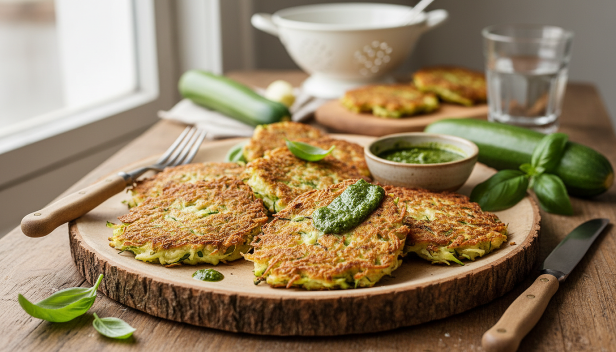 scopri la ricetta facile e veloce delle frittelle di zucchine croccanti e morbide al pesto, la mia cena preferita che non cucino più in altro modo!