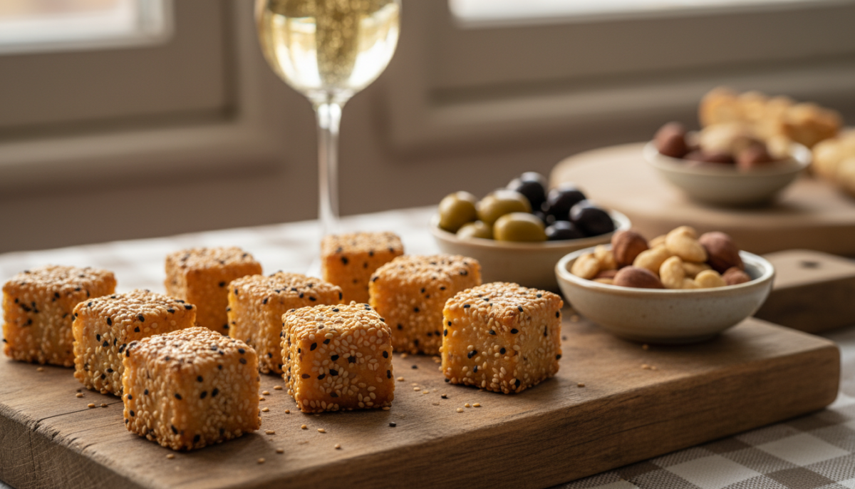 scopri i cubetti dorati al sesamo di "scomparsi in tre minuti": un aperitivo irresistibile e deliziosamente pericoloso per chi ama i sapori golosi.